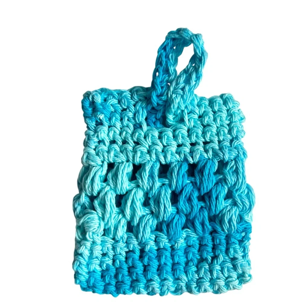 HAND CRAFTED Crochet Soap Saver Bag Blue 100% Cotton Bath Exfoliating Essential